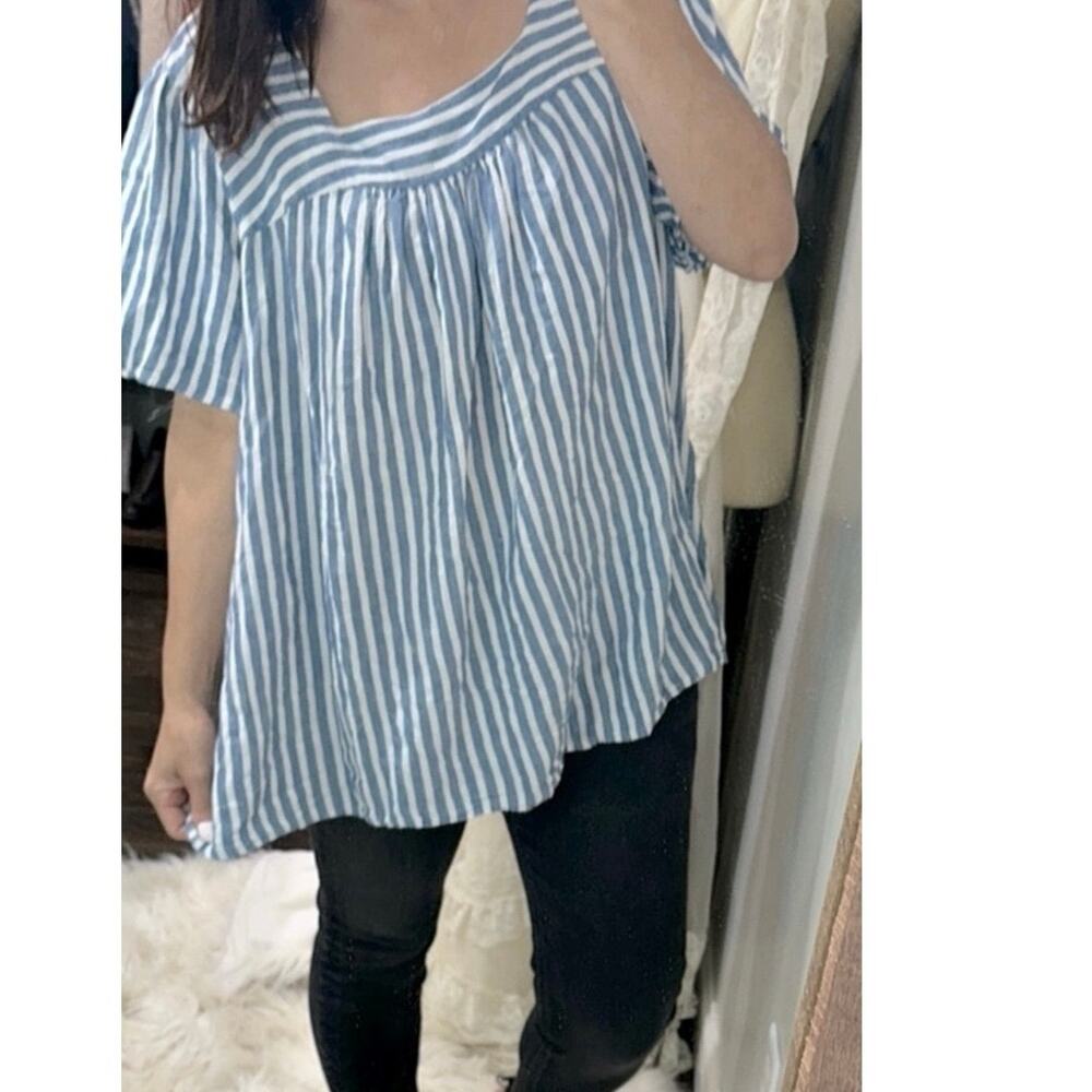 Terra & Sky Women’s Plus Sz 3X (24W-26W) Linen Blend Blouse Blue White Striped